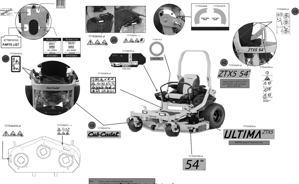Label Map Diagram and Parts List for ZTX5-54KH (47RTAAA7010)(2022) Cub Cadet Lawn Tractor